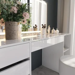 Schminktisch Sherry Weiß/Weiß Hochglanz 158.2 cm mit LED-Spiegel und Hocker Vicco