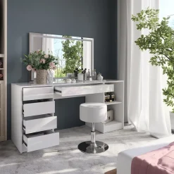 Schminktisch Sherry Weiß/Weiß Hochglanz 158.2 cm mit LED-Spiegel und Hocker Vicco