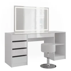 Schminktisch Sherry Weiß/Weiß Hochglanz 158.2 cm mit LED-Spiegel und Hocker Vicco