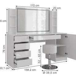 Schminktisch Sherry Weiß/Weiß Hochglanz 158.2 cm 5 Teile Vicco