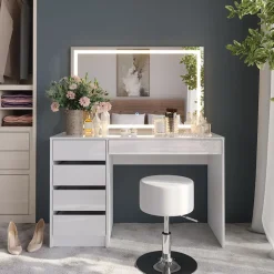 Schminktisch Sherry Weiß/Weiß Hochglanz 119.8 cm mit LED-Spiegel und Hocker Vicco