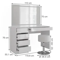 Schminktisch Sherry Weiß/Weiß Hochglanz 119.8 cm mit LED-Spiegel und Hocker Vicco
