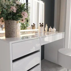 Schminktisch Sherry Weiß/Weiß Hochglanz 119.8 cm mit LED-Spiegel und Hocker Vicco