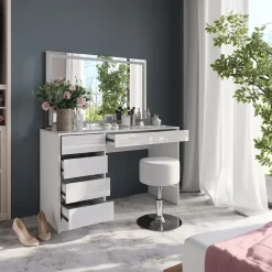 Schminktisch Sherry Weiß/Weiß Hochglanz 119.8 cm mit LED-Spiegel und Hocker Vicco