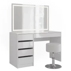 Schminktisch Sherry Weiß/Weiß Hochglanz 119.8 cm mit LED-Spiegel und Hocker Vicco