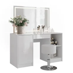 Schminktisch Sherry Weiß/Weiß Hochglanz 128.2 cm mit LED-Spiegel und Hocker Vicco