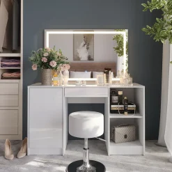 Schminktisch Sherry Weiß/Weiß Hochglanz 128.2 cm mit LED-Spiegel und Hocker Vicco