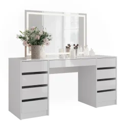 Schminktisch Sherry Weiß/Weiß Hochglanz 158.2 cm mit LED-Spiegel Vicco