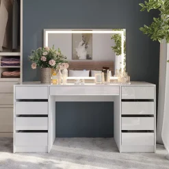 Schminktisch Sherry Weiß/Weiß Hochglanz 158.2 cm mit LED-Spiegel Vicco