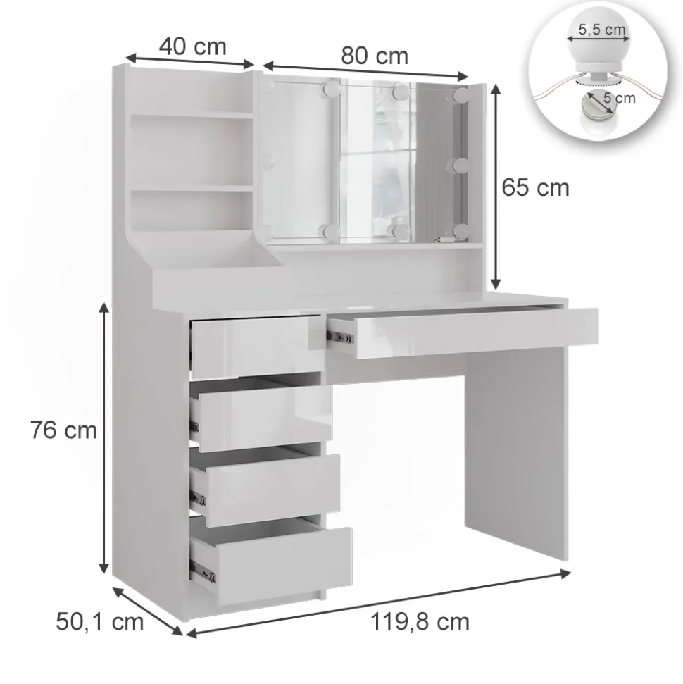 Schminktisch Sherry Weiß/Weiß Hochglanz 119.8 cm 4 Teile Vicco