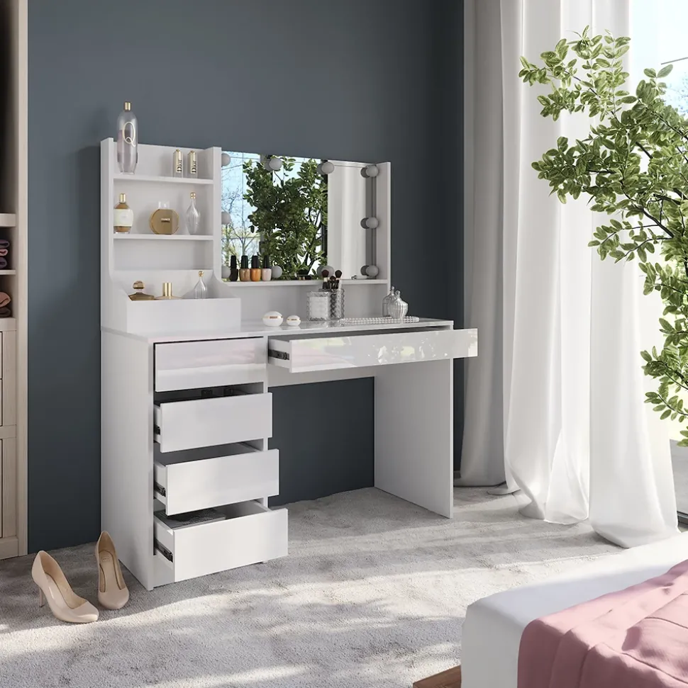 Schminktisch Sherry Weiß/Weiß Hochglanz 119.8 cm 4 Teile Vicco