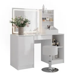 Schminktisch Sherry Weiß/Weiß Hochglanz 128.2 cm mit LED-Spiegel und Hocker Vicco