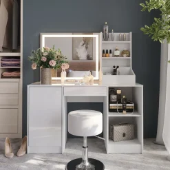 Schminktisch Sherry Weiß/Weiß Hochglanz 128.2 cm mit LED-Spiegel und Hocker Vicco