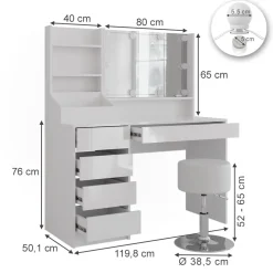 Schminktisch Sherry Weiß/Weiß Hochglanz 119.8 cm 4 Teile Vicco