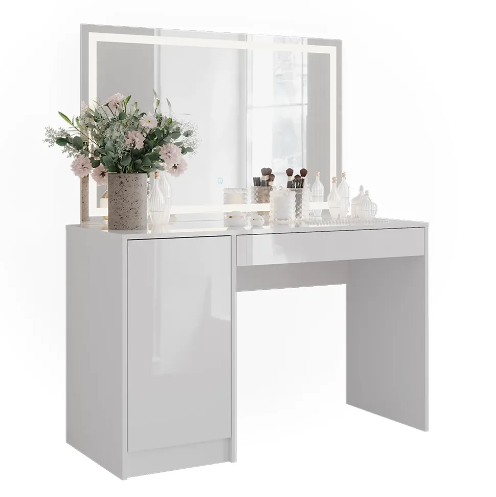 Schminktisch Sherry Weiß/Weiß Hochglanz 119.8 cm mit LED-Spiegel Vicco