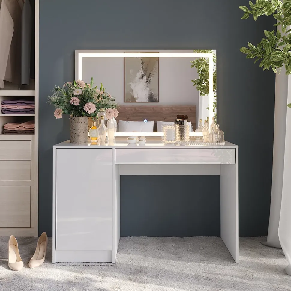 Schminktisch Sherry Weiß/Weiß Hochglanz 119.8 cm mit LED-Spiegel Vicco