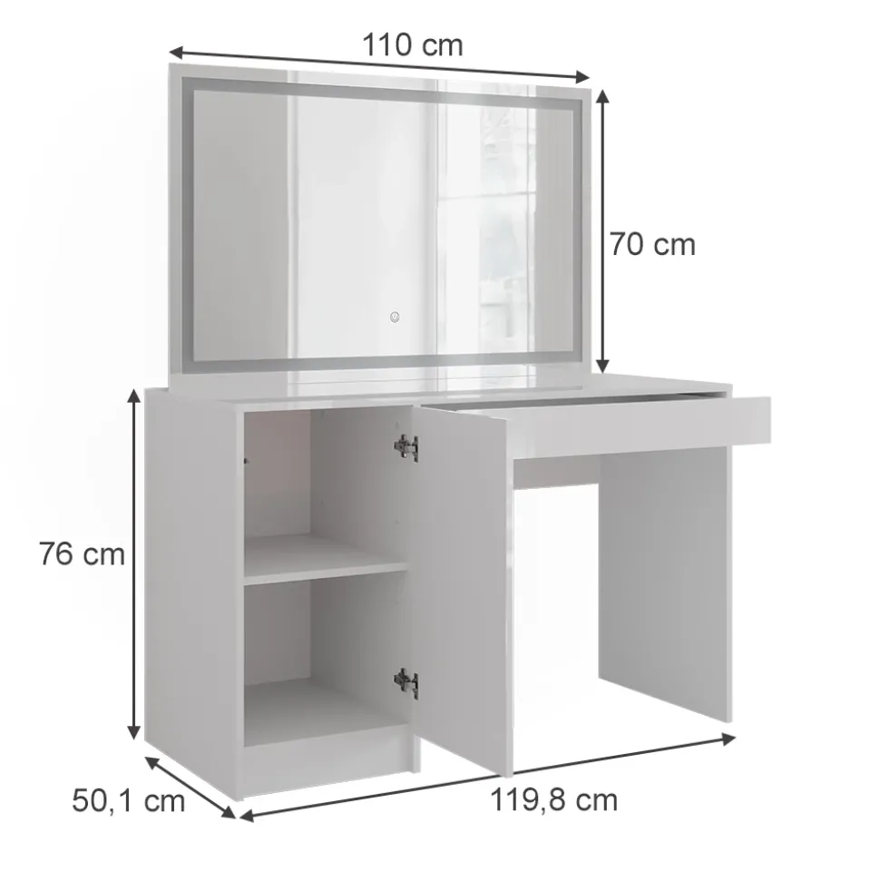Schminktisch Sherry Weiß/Weiß Hochglanz 119.8 cm mit LED-Spiegel Vicco