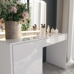 Schminktisch Sherry Weiß/Weiß Hochglanz 119.8 cm mit LED-Spiegel Vicco