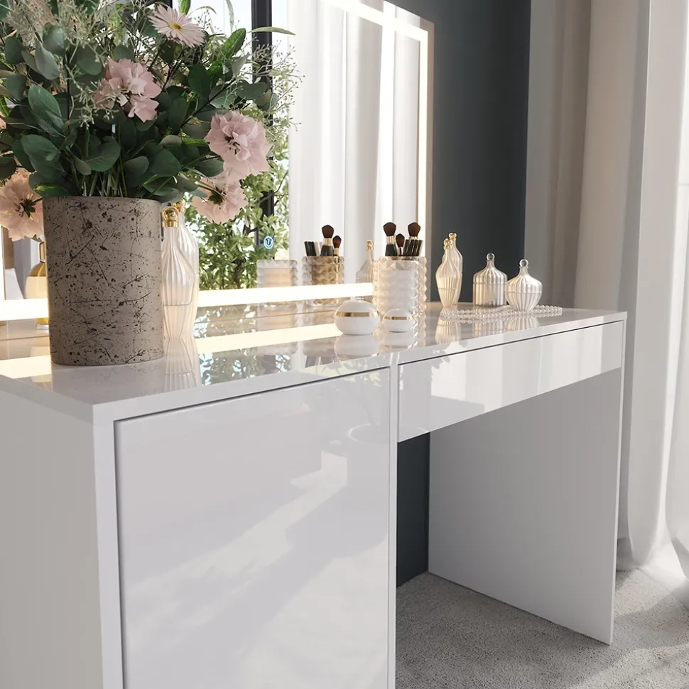 Schminktisch Sherry Weiß/Weiß Hochglanz 119.8 cm mit LED-Spiegel Vicco