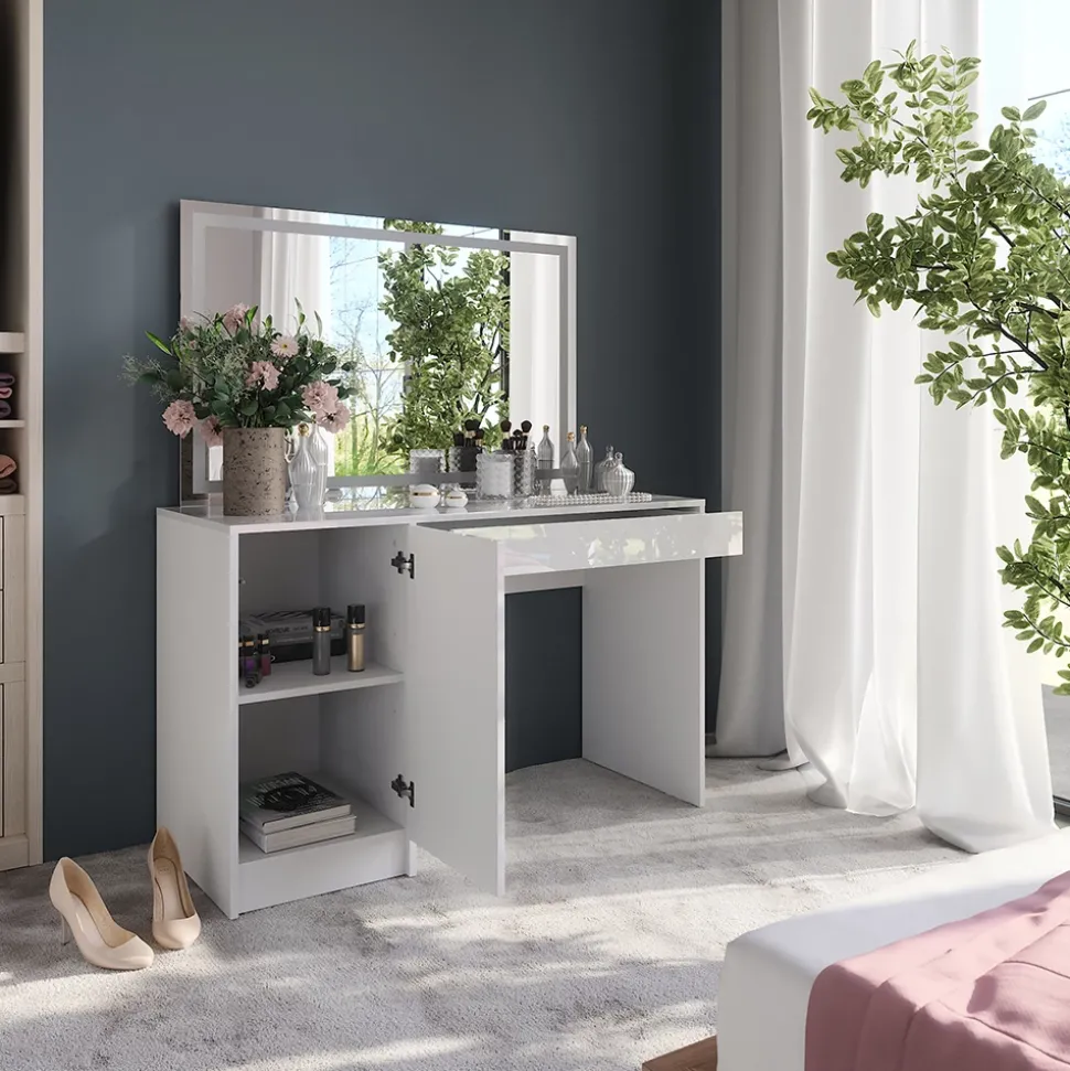 Schminktisch Sherry Weiß/Weiß Hochglanz 119.8 cm mit LED-Spiegel Vicco