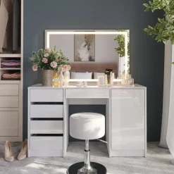 Schminktisch Sherry Weiß/Weiß Hochglanz 128.2 cm mit LED-Spiegel und Hocker Vicco