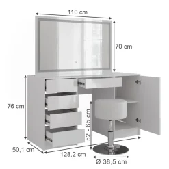 Schminktisch Sherry Weiß/Weiß Hochglanz 128.2 cm mit LED-Spiegel und Hocker Vicco