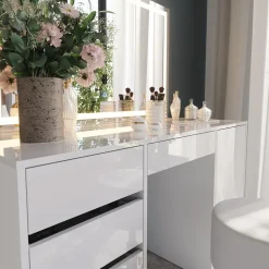 Schminktisch Sherry Weiß/Weiß Hochglanz 128.2 cm mit LED-Spiegel und Hocker Vicco