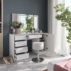 Schminktisch Sherry Weiß/Weiß Hochglanz 128.2 cm mit LED-Spiegel und Hocker Vicco
