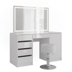 Schminktisch Sherry Weiß/Weiß Hochglanz 128.2 cm mit LED-Spiegel und Hocker Vicco