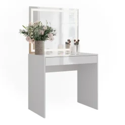 Schminktisch Sherry Weiß/Weiß Hochglanz 81.4 cm mit LED-Spiegel Vicco