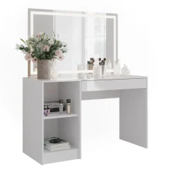 Schminktisch Sherry Weiß/Weiß Hochglanz 119.8 cm mit LED-Spiegel Vicco