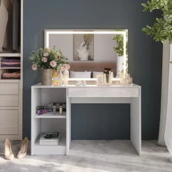 Schminktisch Sherry Weiß/Weiß Hochglanz 119.8 cm mit LED-Spiegel Vicco