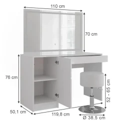 Schminktisch Sherry Weiß/Weiß Hochglanz 119.8 cm mit LED-Spiegel und Hocker Vicco