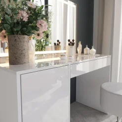 Schminktisch Sherry Weiß/Weiß Hochglanz 119.8 cm mit LED-Spiegel und Hocker Vicco