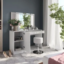 Schminktisch Sherry Weiß/Weiß Hochglanz 119.8 cm mit LED-Spiegel und Hocker Vicco