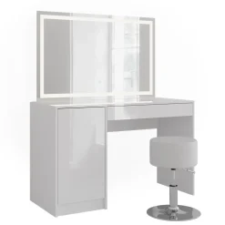Schminktisch Sherry Weiß/Weiß Hochglanz 119.8 cm mit LED-Spiegel und Hocker Vicco
