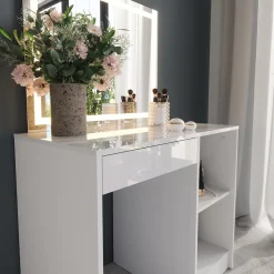 Schminktisch Sherry Weiß/Weiß Hochglanz 89.8 cm mit LED-Spiegel Vicco