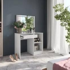 Schminktisch Sherry Weiß/Weiß Hochglanz 89.8 cm mit LED-Spiegel Vicco