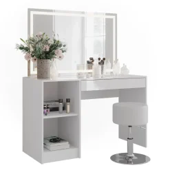 Schminktisch Sherry Weiß/Weiß Hochglanz 119.8 cm mit LED-Beleuchtung und Hocker Vicco