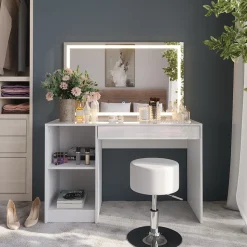 Schminktisch Sherry Weiß/Weiß Hochglanz 119.8 cm mit LED-Beleuchtung und Hocker Vicco