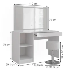 Schminktisch Sherry Weiß/Weiß Hochglanz 119.8 cm mit LED-Beleuchtung und Hocker Vicco