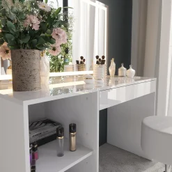 Schminktisch Sherry Weiß/Weiß Hochglanz 119.8 cm mit LED-Beleuchtung und Hocker Vicco