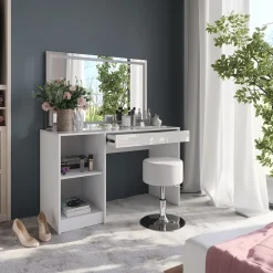 Schminktisch Sherry Weiß/Weiß Hochglanz 119.8 cm mit LED-Beleuchtung und Hocker Vicco