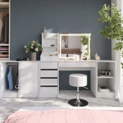 Schminktisch Sherry Weiß/Weiß Hochglanz 119.8 cm mit LED-Beleuchtung und Hocker Vicco