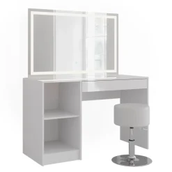 Schminktisch Sherry Weiß/Weiß Hochglanz 119.8 cm mit LED-Beleuchtung und Hocker Vicco