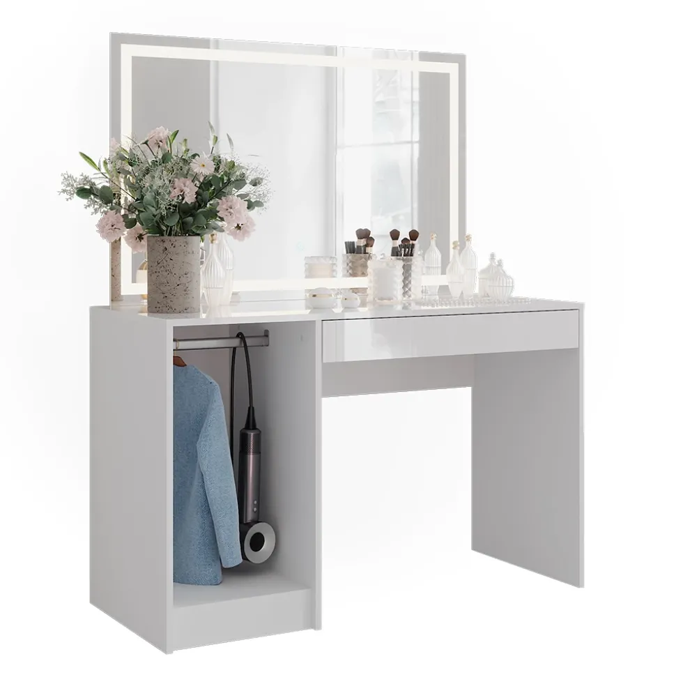 Schminktisch Sherry Weiß/Weiß Hochglanz 119.8 cm mit LED-Spiegel Vicco