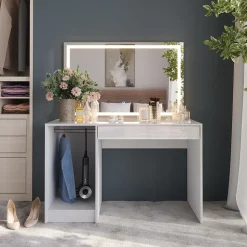 Schminktisch Sherry Weiß/Weiß Hochglanz 119.8 cm mit LED-Spiegel Vicco