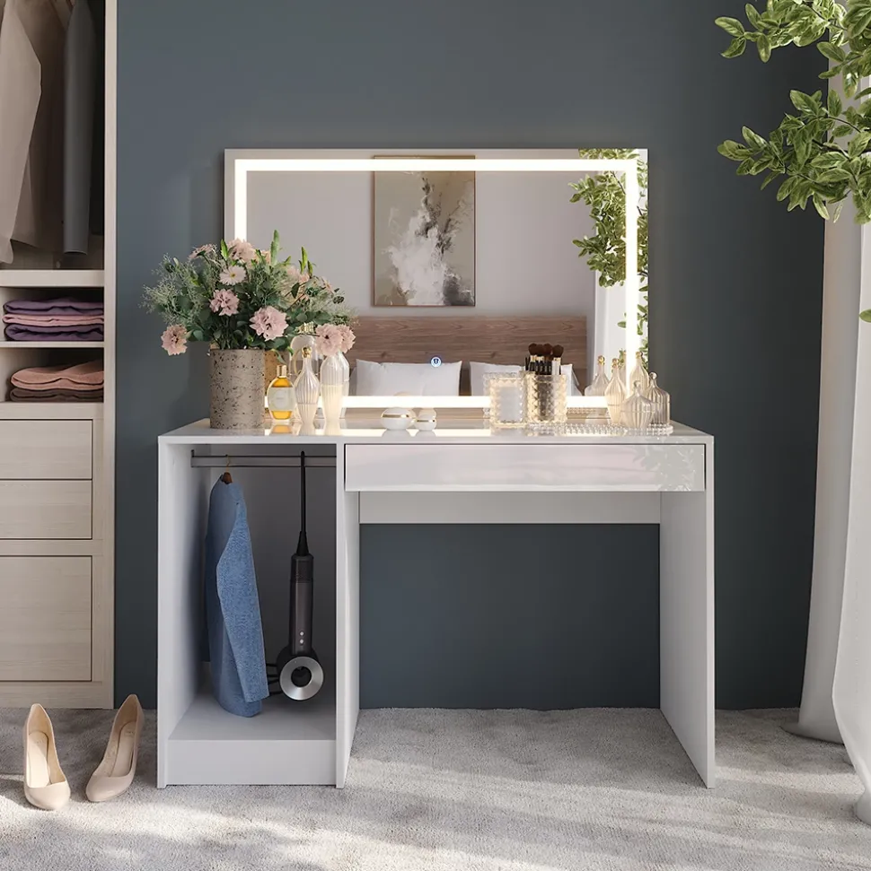 Schminktisch Sherry Weiß/Weiß Hochglanz 119.8 cm mit LED-Spiegel Vicco