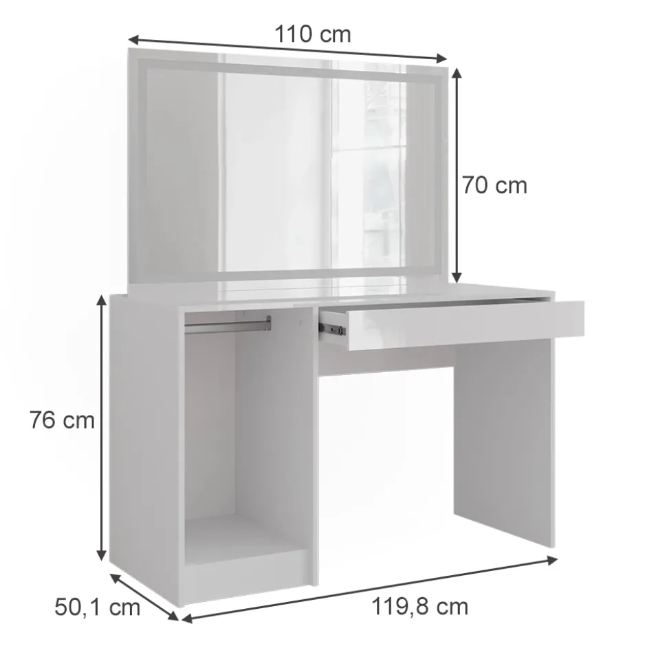 Schminktisch Sherry Weiß/Weiß Hochglanz 119.8 cm mit LED-Spiegel Vicco