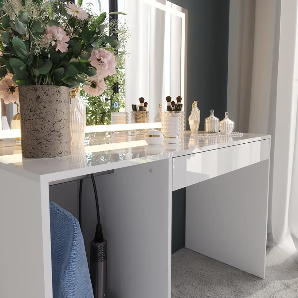 Schminktisch Sherry Weiß/Weiß Hochglanz 119.8 cm mit LED-Spiegel Vicco